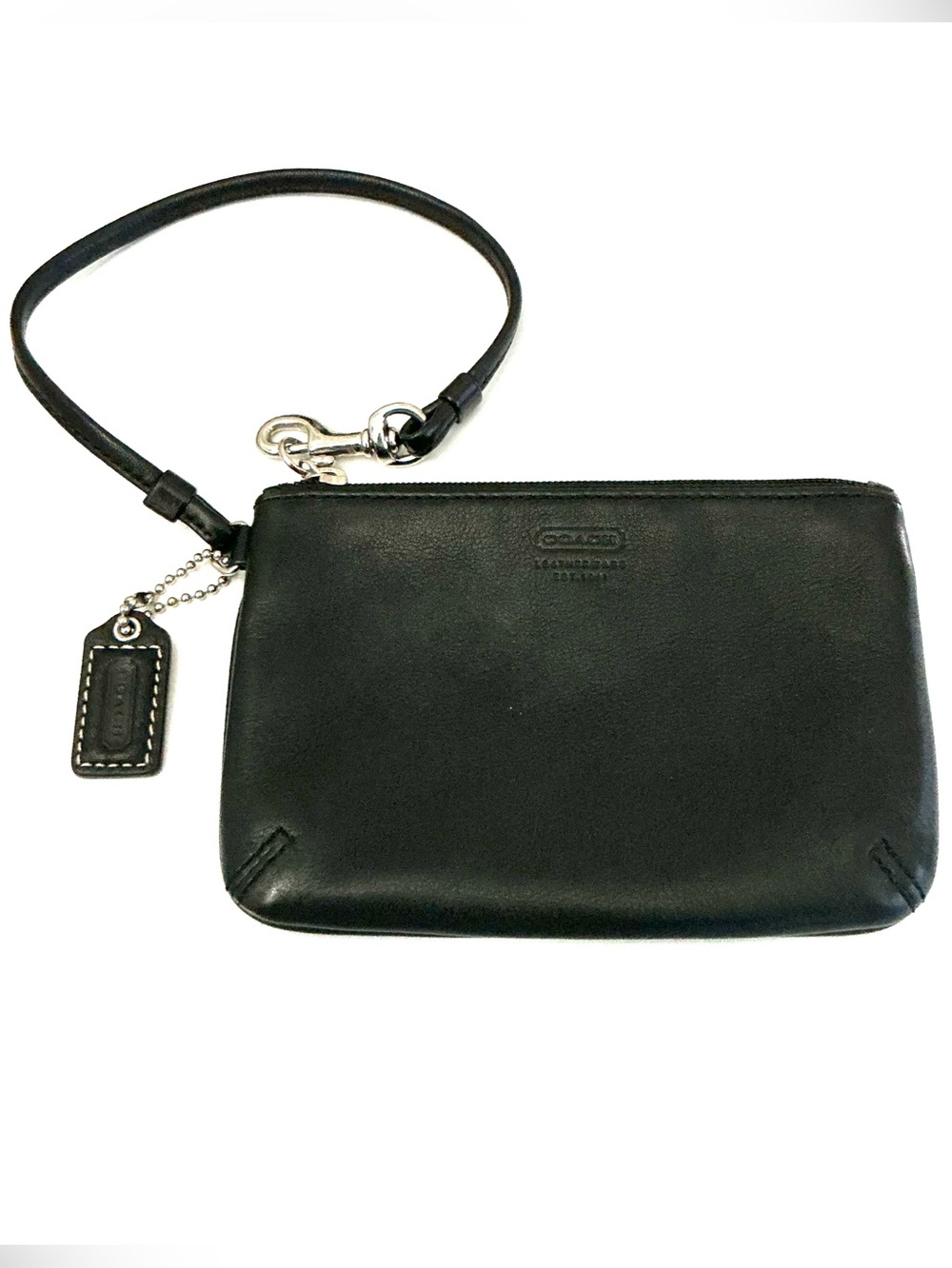 COACH, Black Smooth Leather Wristlet Pouch
